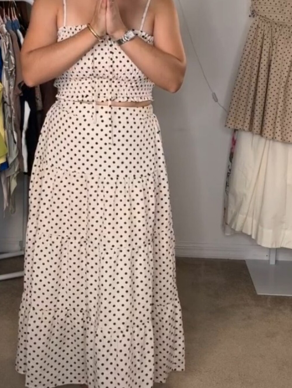 Beige Polka Dot Spaghetti Strap Maxi Skirt And Top